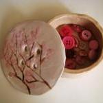 Spring Cherry Blossom Ceramic Button Pot. Handmade..