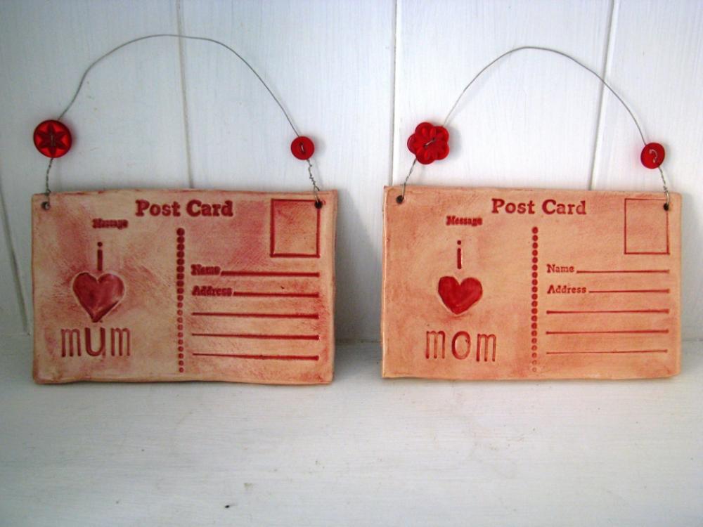 Ceramic Postcard - I Love Mom (or Mum) - Lightly Glazed In Red. Handmade In Wales, Uk. Ready To Ship.