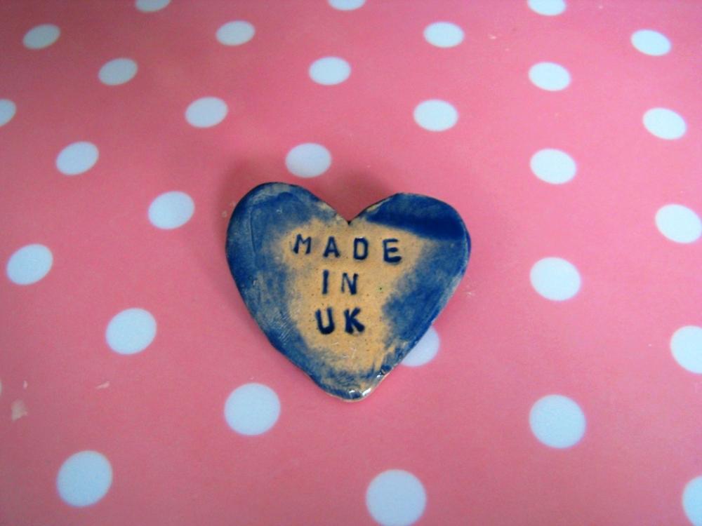 Made In Uk Or Wales - Heart Brooch / Pin / Button / Badge. Ceramic. State Your Origin...